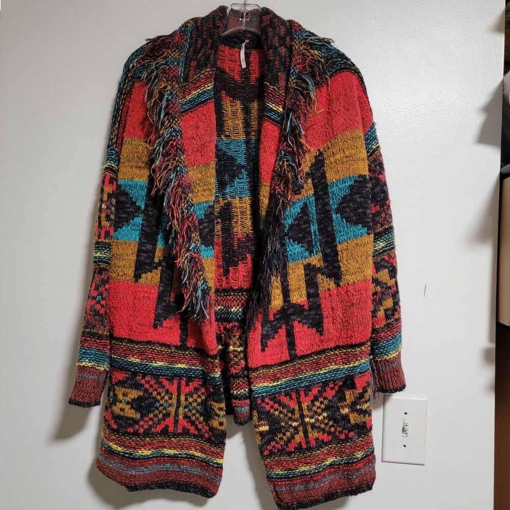 Womens Free People Orange Maroon Fall Fringe Open Front Cardigan - Size XXS